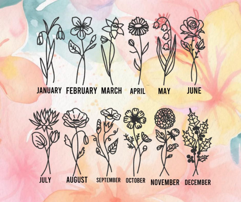 Floral illustrations for each month on a colorful watercolor background