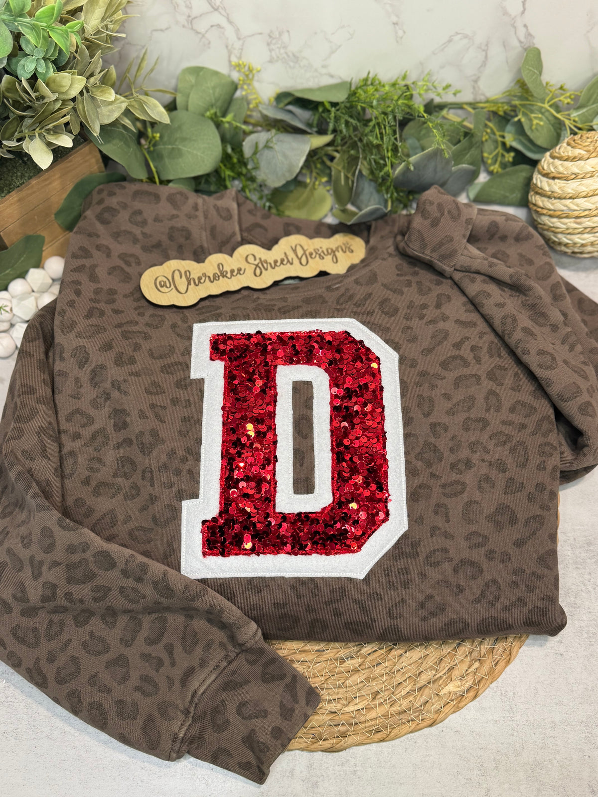 Varsity Letter Sequins Vintage Leopard Sweatshirt