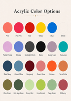 An acrylic paint color options chart displaying a grid of 30 color circles with their names underneath, set against a light beige background.