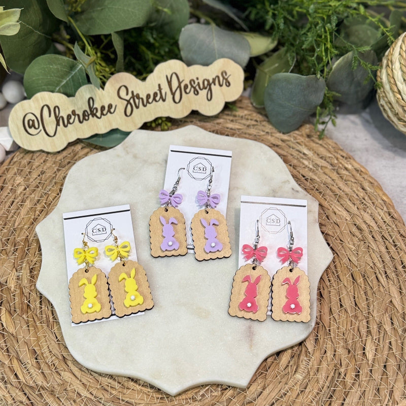 Earring display with colorful bunny tags 