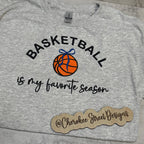 Gray sweatshirt with 'Basketball is my favorite season' text and basketball graphic