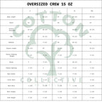 Size chart for oversized crew shirts with measurements in inches.