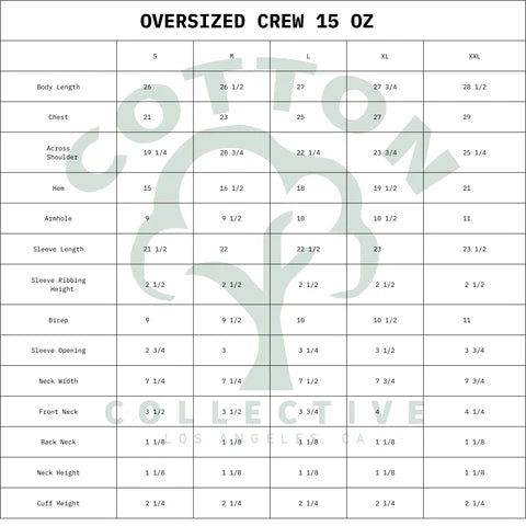 Size chart for oversized crew shirts with measurements in inches.