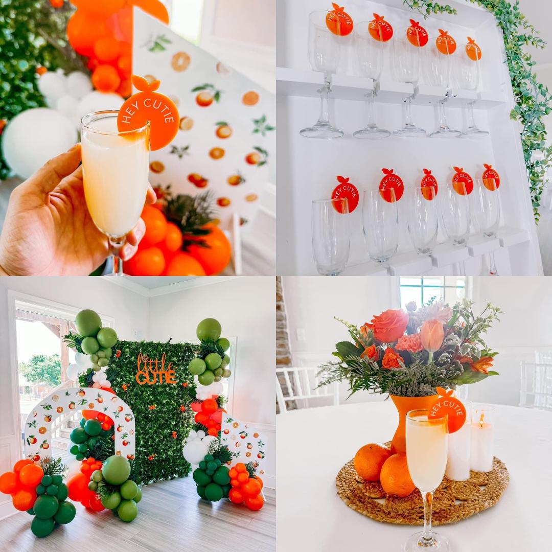 Collage of decor including glasses, flowers, and balloons.