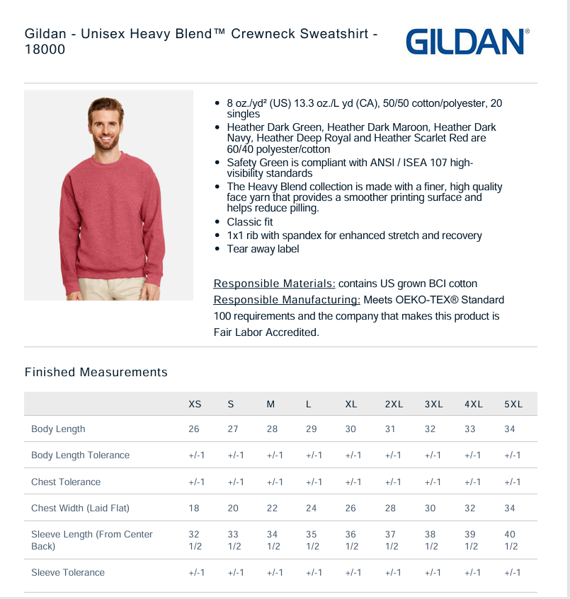 A product information sheet for the Gildan Unisex Heavy Blend Crewkneft Sweatshirt 18000, showing a photo of the sweatshirt in red and black, product specifications, and a finished measurements table.