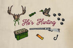 Embroidered design with hunting-themed elements on a beige background