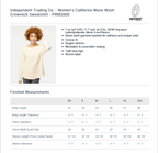 A product information sheet for Independent Trading Co. Women's California Wave Wash Crewneck Sweatshirt - PRM2000, showing a model wearing the cream-colored sweatshirt alongside a list of features and a finished measurements table from XS to 2XL.