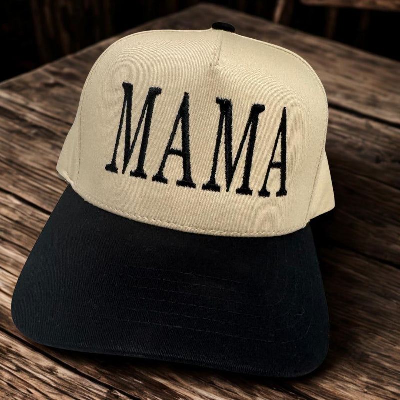 Beige and black cap with 'MAMA' text 