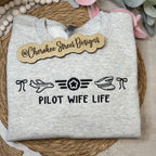  gray sweatshirt with 'Pilot Wife Life' text and symbols