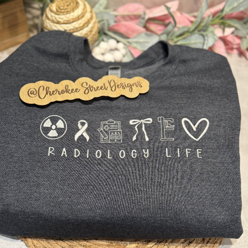 Dark gray shirt with Radiology life and icons embroidered
