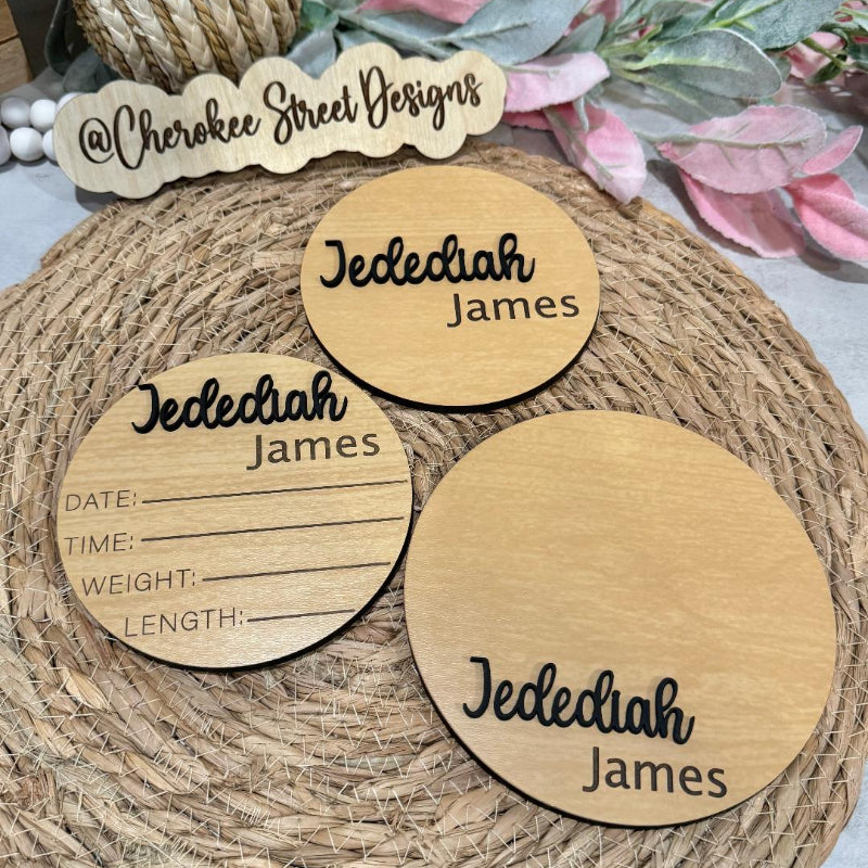 Wooden name tags with engraved text 