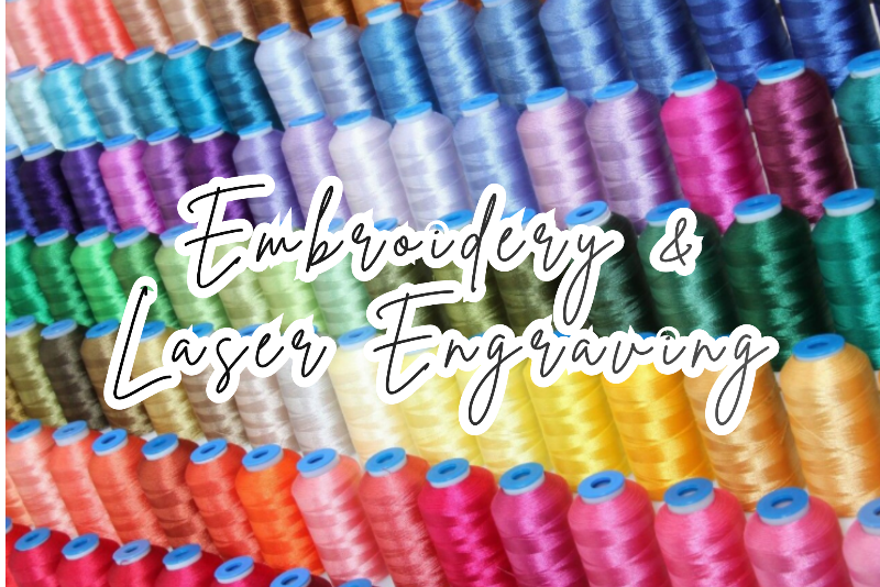 Colorful embroidery thread spools with 'Embroidery & Laser Engraving' text overlay.