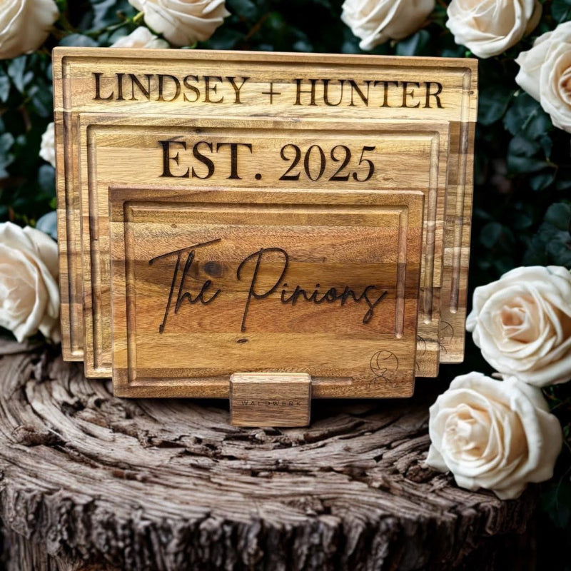 Wooden box with engraved text 'Lindsey + Hunter EST. 2025 